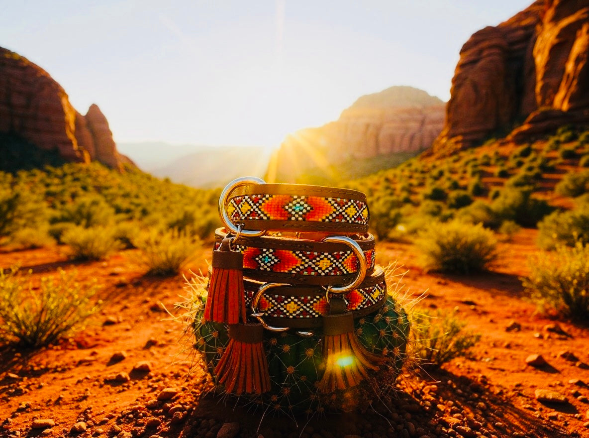 Orange Glow Sedona Sunset handcrafted beaded leather dog collar with tassel – Sacred Pup