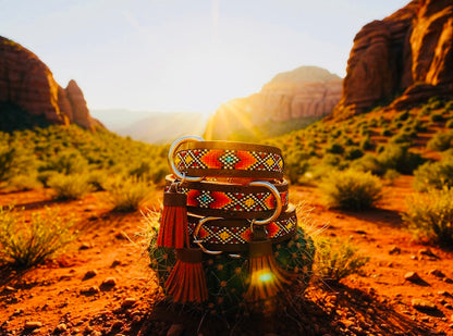Orange Glow Sedona Sunset handcrafted beaded leather dog collar with tassel – Sacred Pup