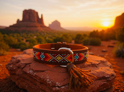 Orange Glow Sedona Sunset handcrafted beaded leather dog collar with tassel – Sacred Pup