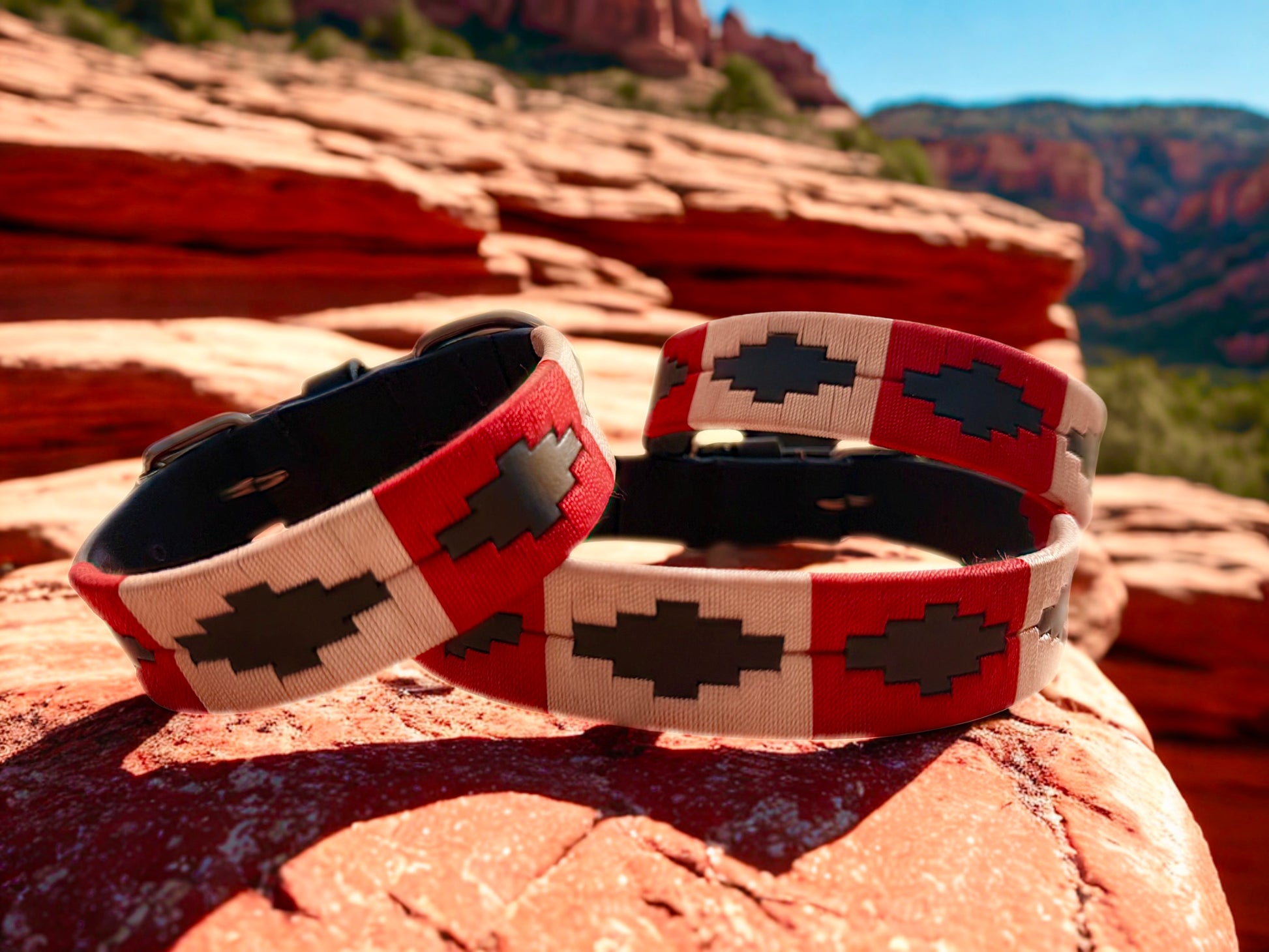 Pink & Red hand embroidered leather dog collar boho style - Sacred Pup