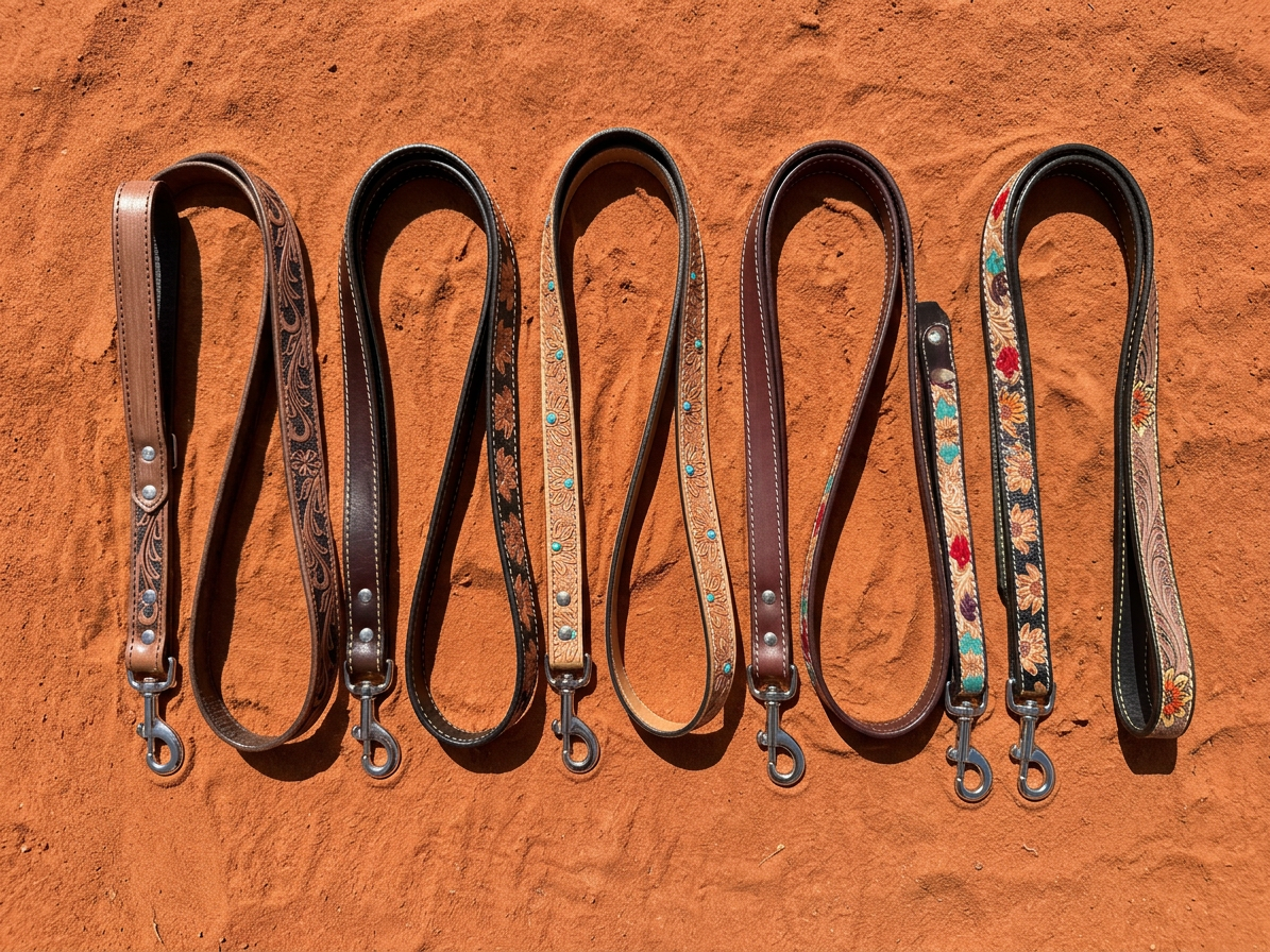 Five Western Soul leather dog leashes laid out with loop handles and metal clips