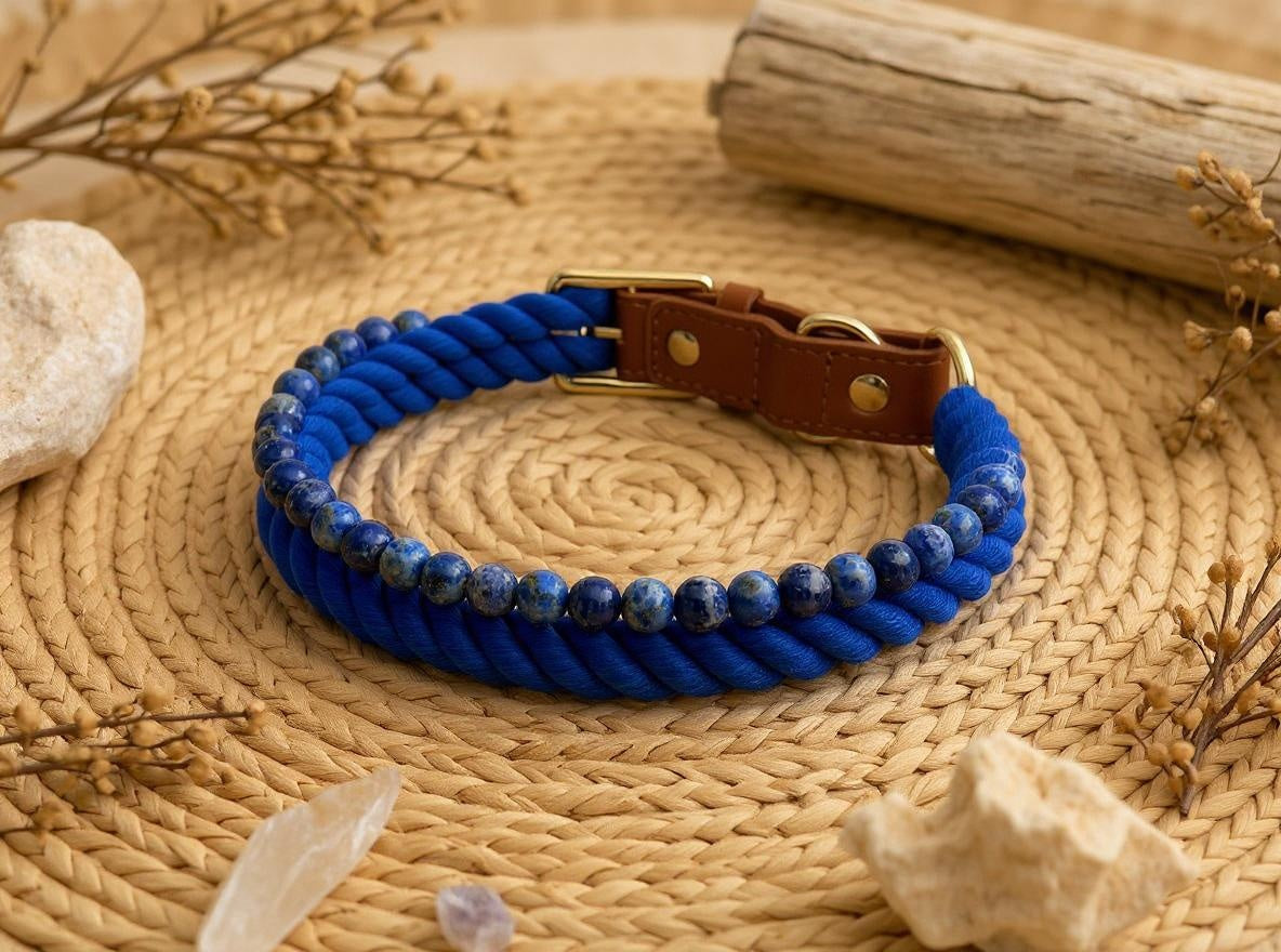 Lapis Lazuli beaded rope dog collar for intuition – Sacred Pup