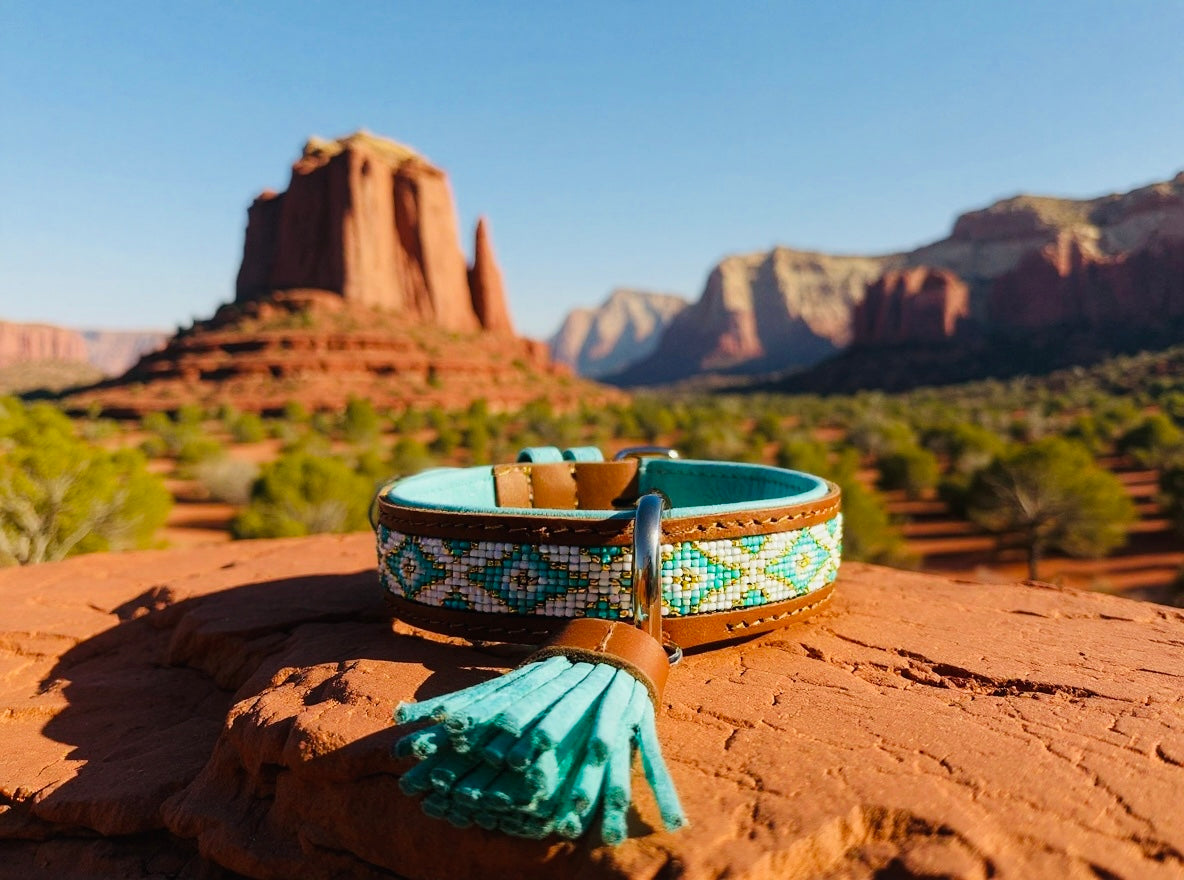 Turquoise Sky Sedona Sunset beaded leather dog collar with tassel – Sacred Pup