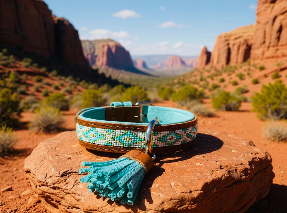Turquoise Sky Sedona Sunset beaded leather dog collar with tassel – Sacred Pup