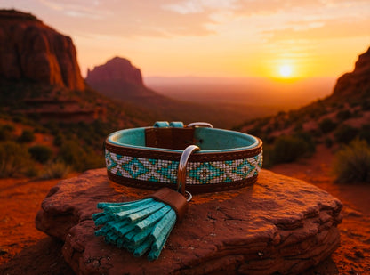 Turquoise Sky Sedona Sunset beaded leather dog collar with tassel – Sacred Pup