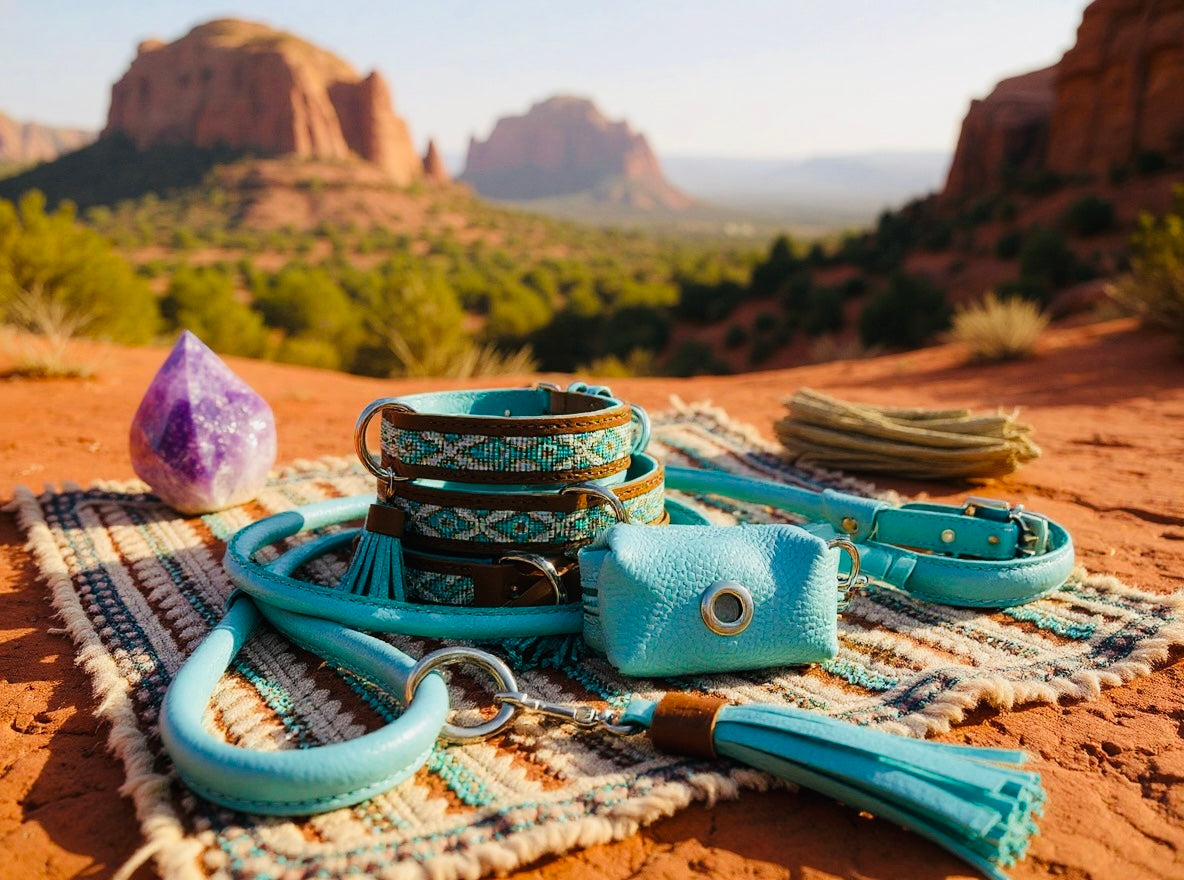 Turquoise Sky Sedona Sunset beaded leather dog collar with tassel – Sacred Pup