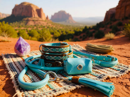 Turquoise Sky Sedona Sunset beaded leather dog collar with tassel – Sacred Pup