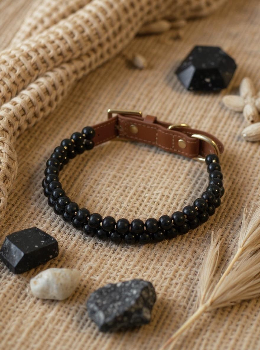 Black obsidian handmade crystal beaded dog collar grounding – Sacred Pup