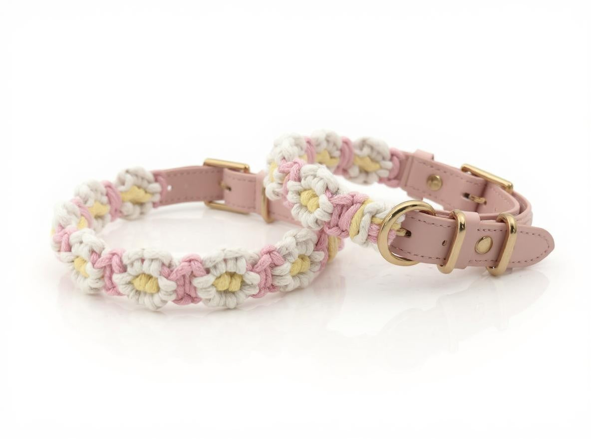 Daisy Days handmade pink and yellow macrame dog collar boho style – Sacred Pup