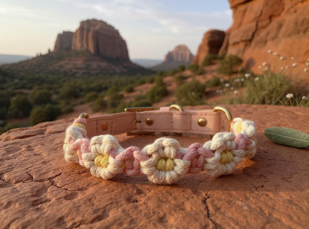 Daisy Days handmade pink and yellow macrame dog collar boho style – Sacred Pup