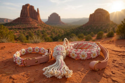 Daisy Days handmade pink and yellow macrame dog collar boho style – Sacred Pup