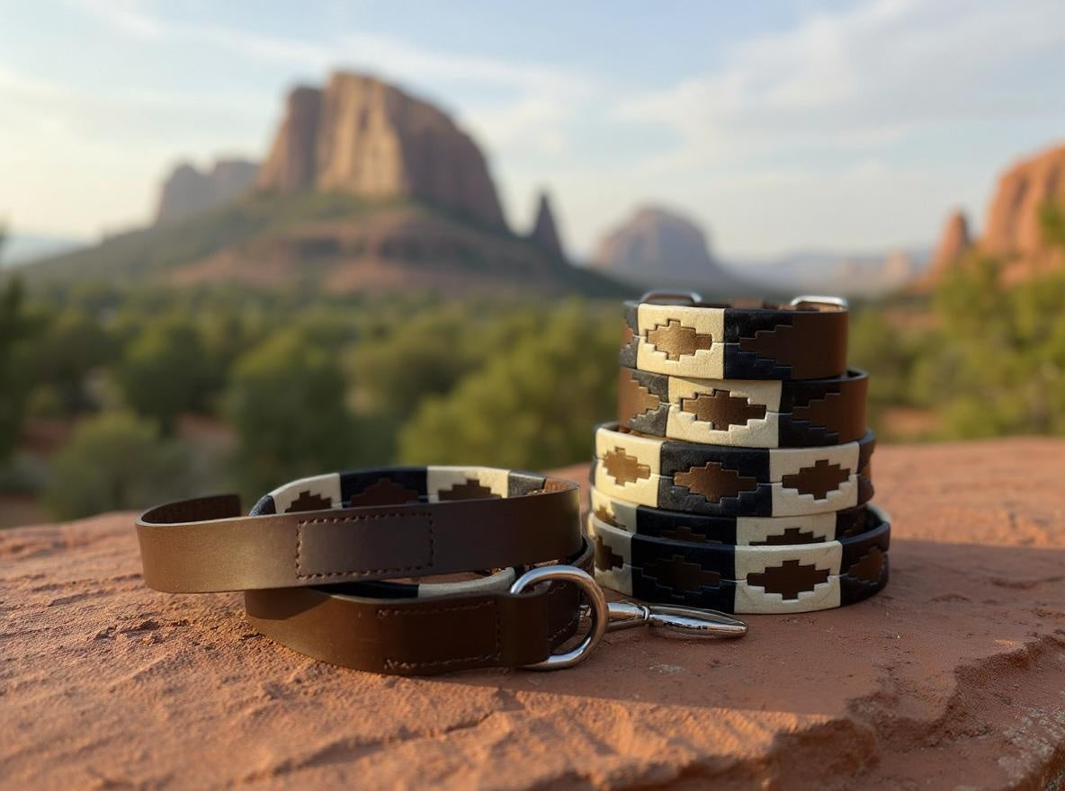 Navy & Cream hand embroidered leather dog collar boho style - Sacred Pup