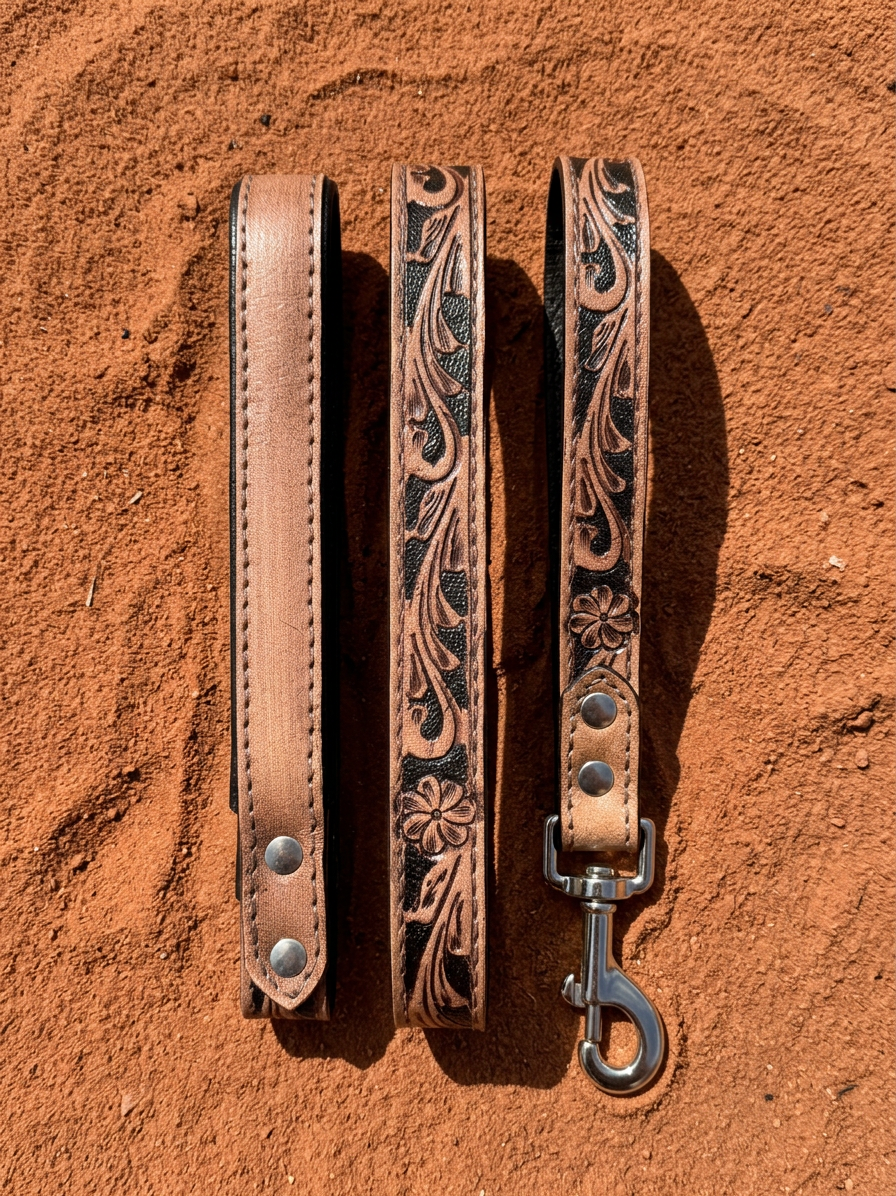 Western Scroll leather dog leash with tooled scroll and floral design and silver clip
