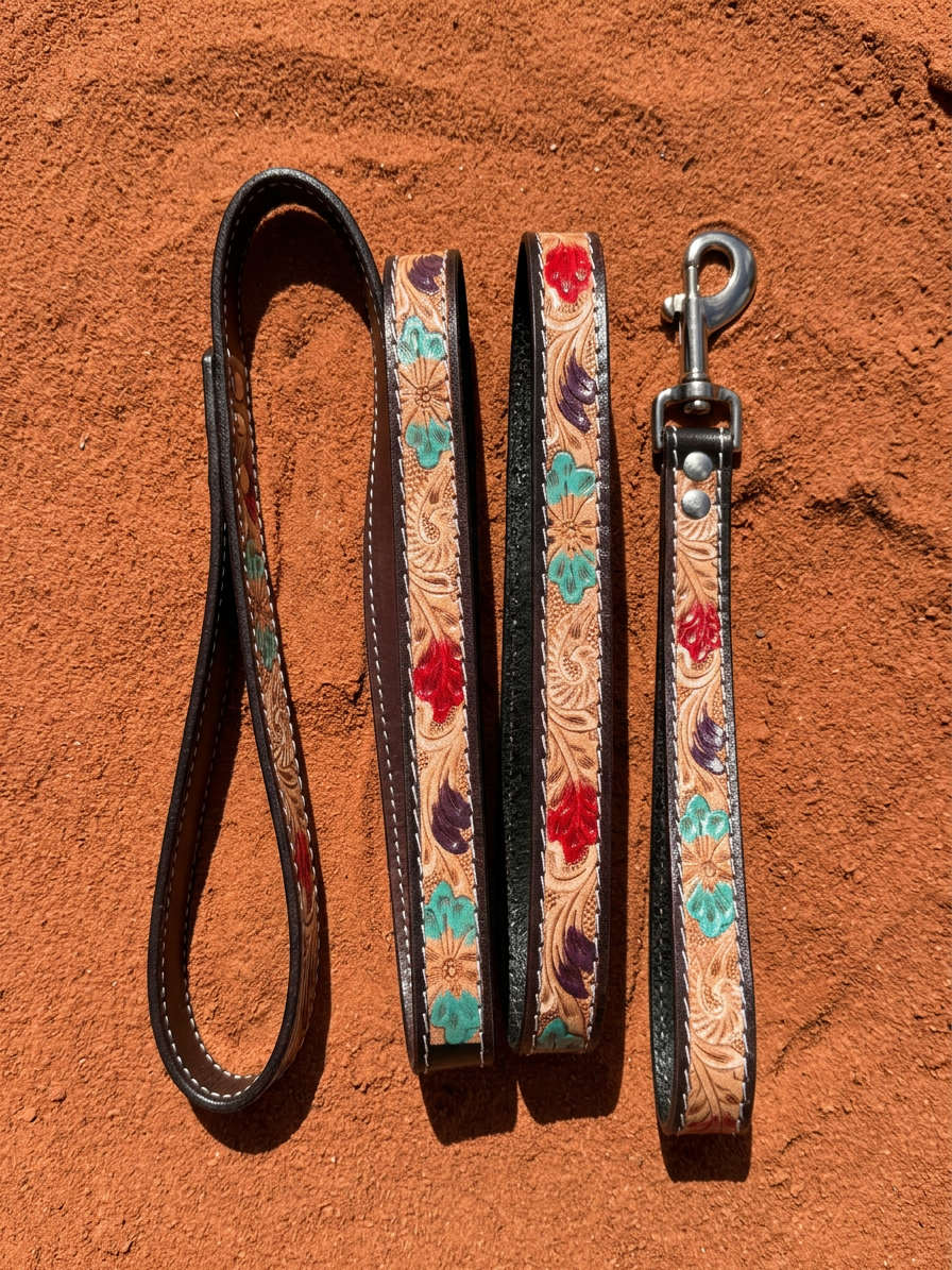 Wildflower leather dog leash with red, purple and turquoise tooled flowers