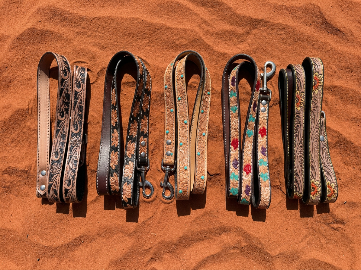 All five Western Soul leather dog leash styles folded side by side, boho Western style