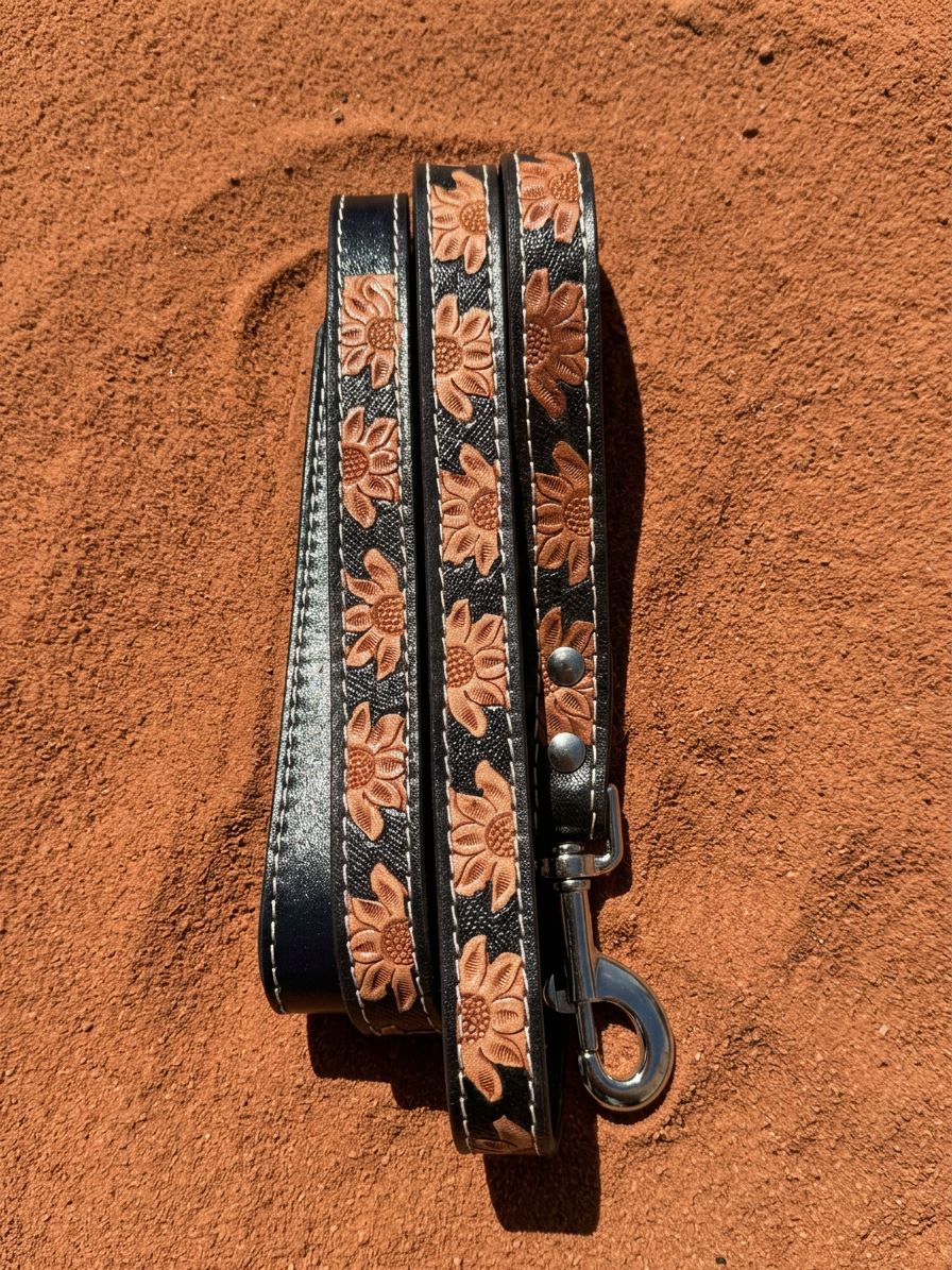 Desert Sunflower leather dog leash, dark leather with tan tooled sunflowers