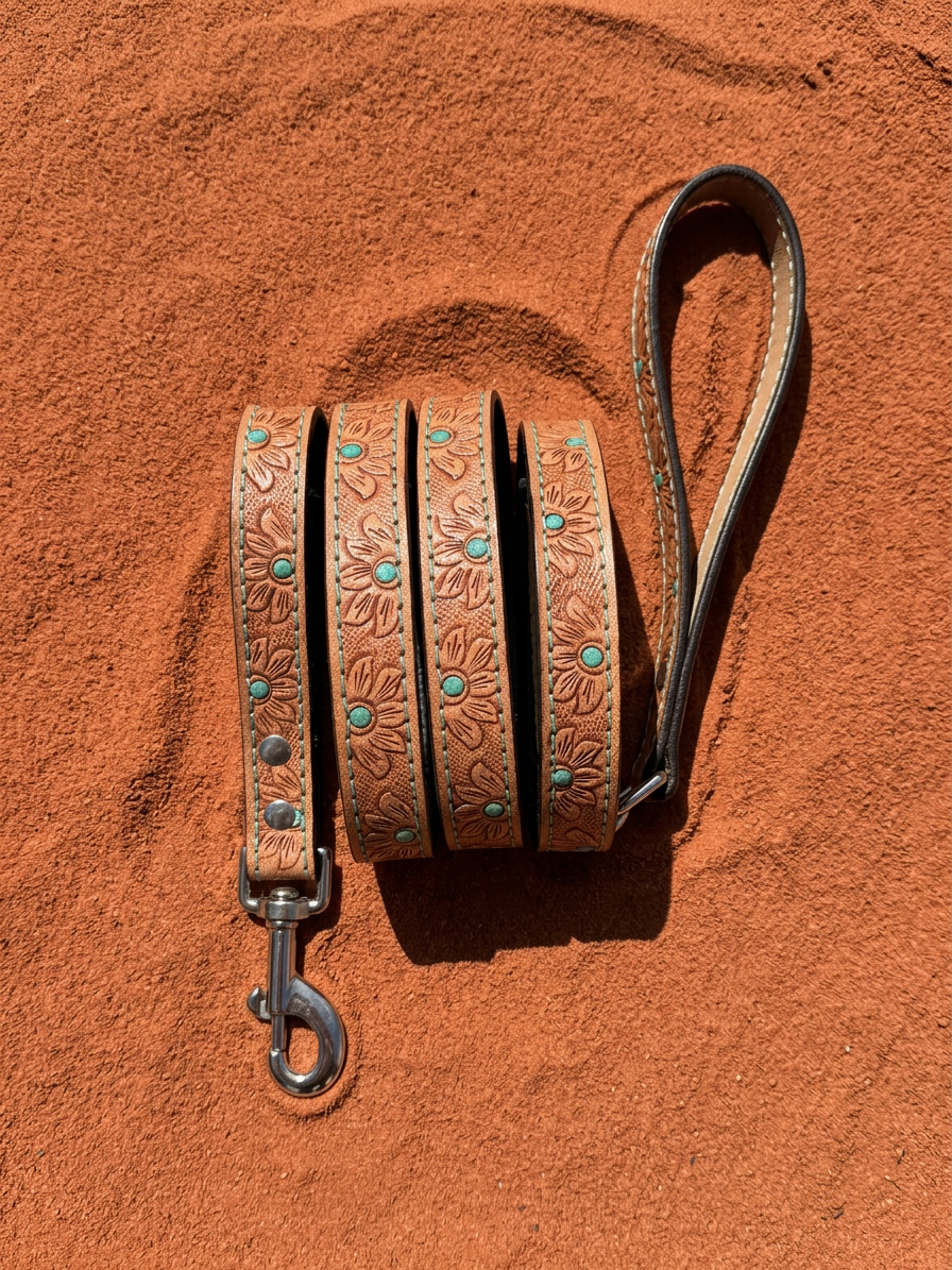 Turquoise Bloom leather dog leash coiled, showing loop handle and metal clip