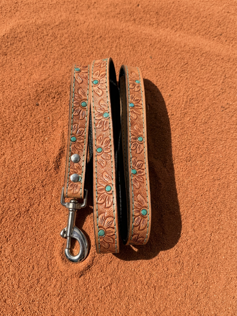 Turquoise Bloom leather dog leash, tan tooled flowers with turquoise accents