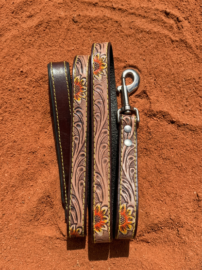 Sundance Sunflower leather dog leash with orange tooled sunflowers and scrollwork
