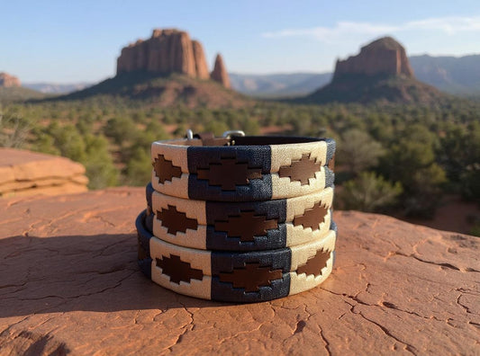 Navy & Cream hand embroidered leather dog collar boho style - Sacred Pup