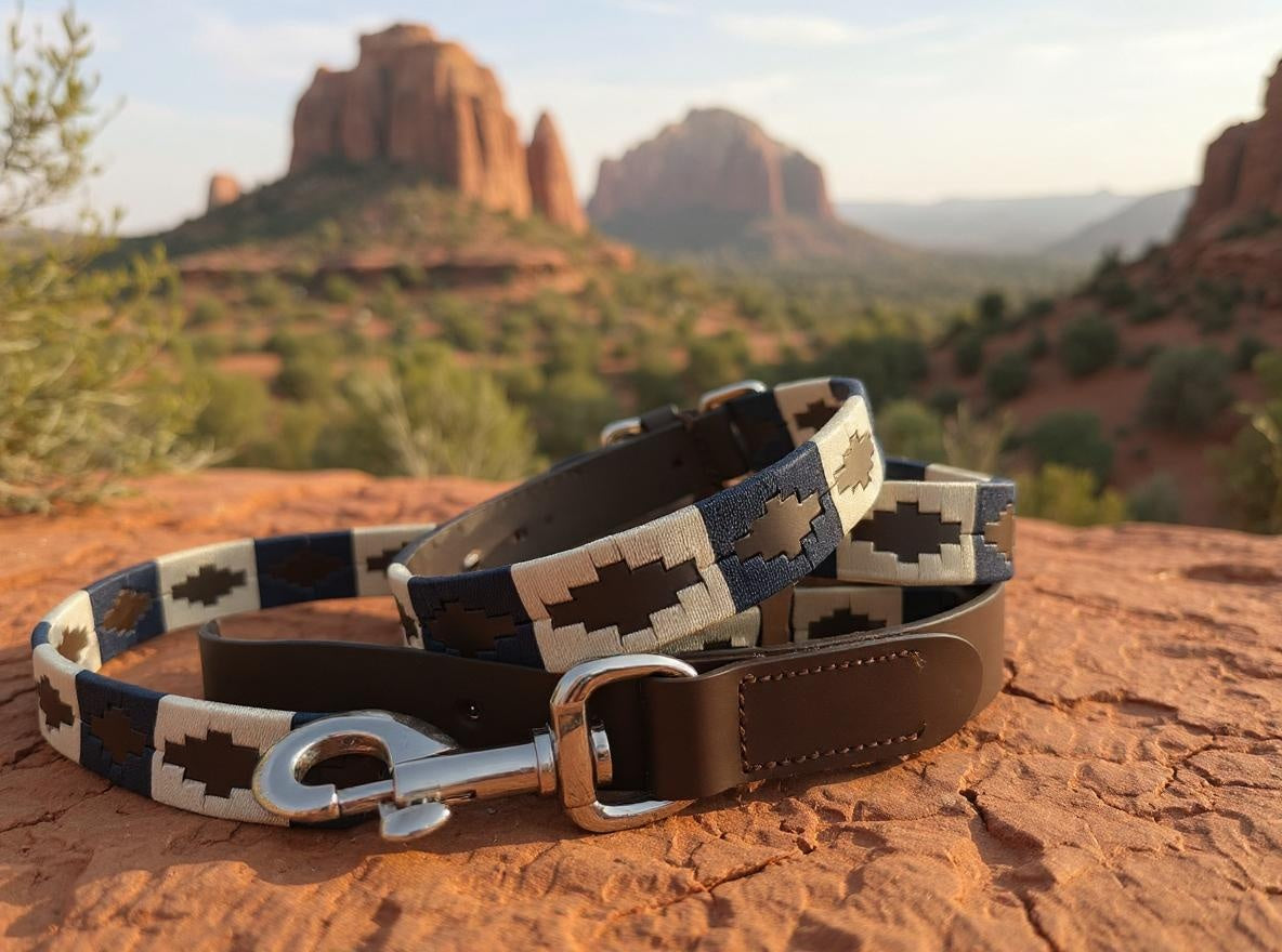 Navy & Cream hand embroidered leather dog collar boho style - Sacred Pup