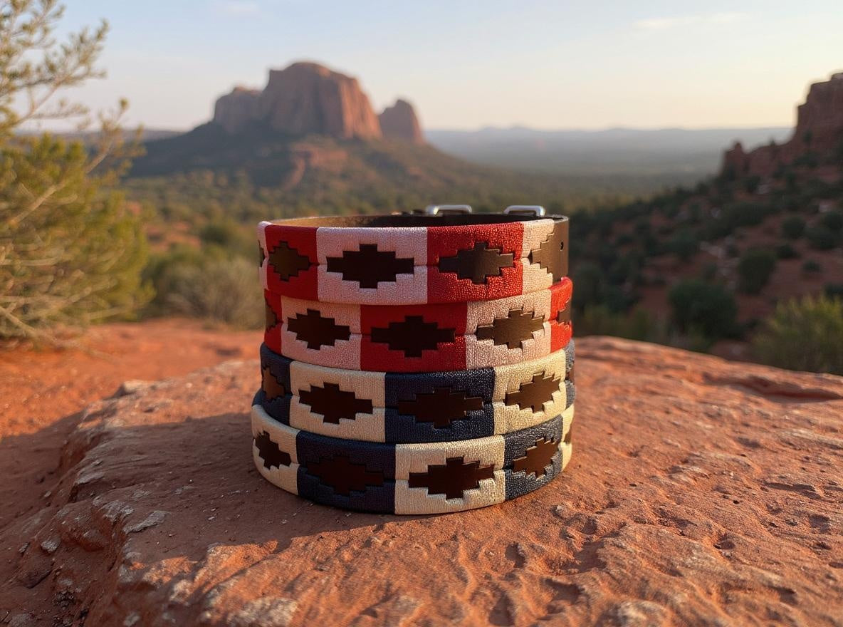 Pink & Red hand embroidered leather dog collar boho style - Sacred Pup