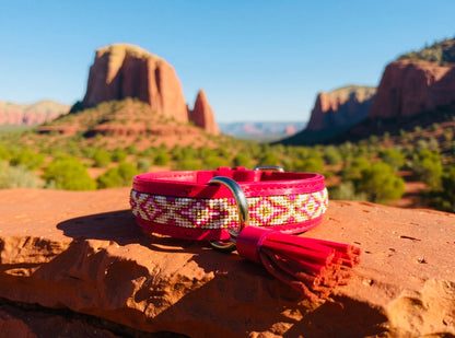 Pink Horizon Sedona Sunset hand-beaded leather dog collar with tassel – Sacred Pup