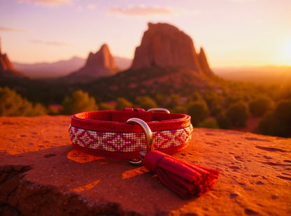 Pink Horizon Sedona Sunset hand-beaded leather dog collar with tassel – Sacred Pup