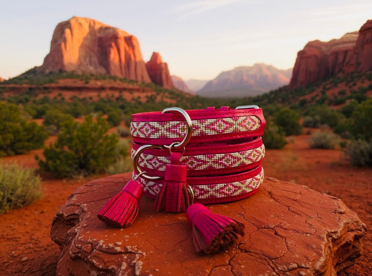Pink Horizon Sedona Sunset hand-beaded leather dog collar with tassel – Sacred Pup