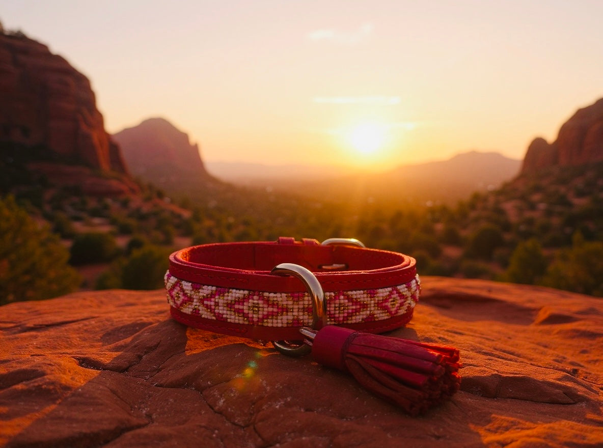 Pink Horizon Sedona Sunset hand-beaded leather dog collar with tassel – Sacred Pup