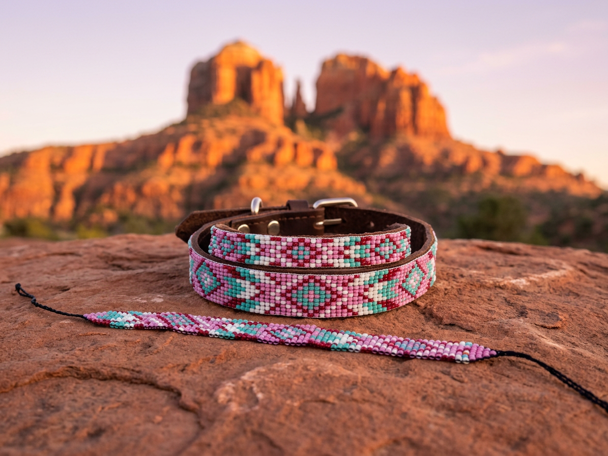 Vintage Bloom Soft Leather Beaded Dog Collar and Matching Bracelet