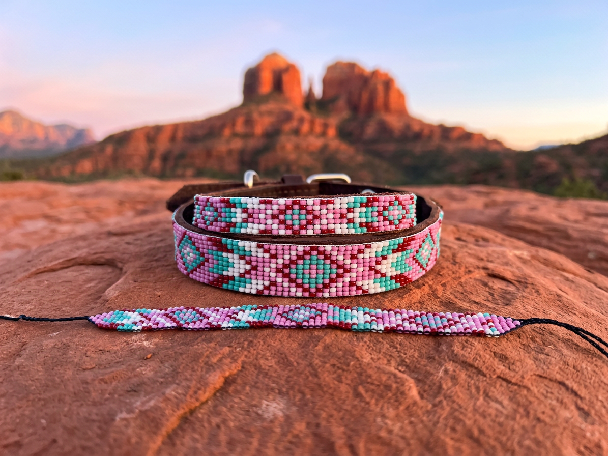 Vintage Bloom Soft Leather Beaded Dog Collar and Matching Bracelet