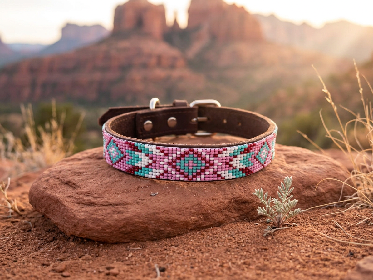 Vintage Bloom Soft Leather Beaded Dog Collar and Matching Bracelet