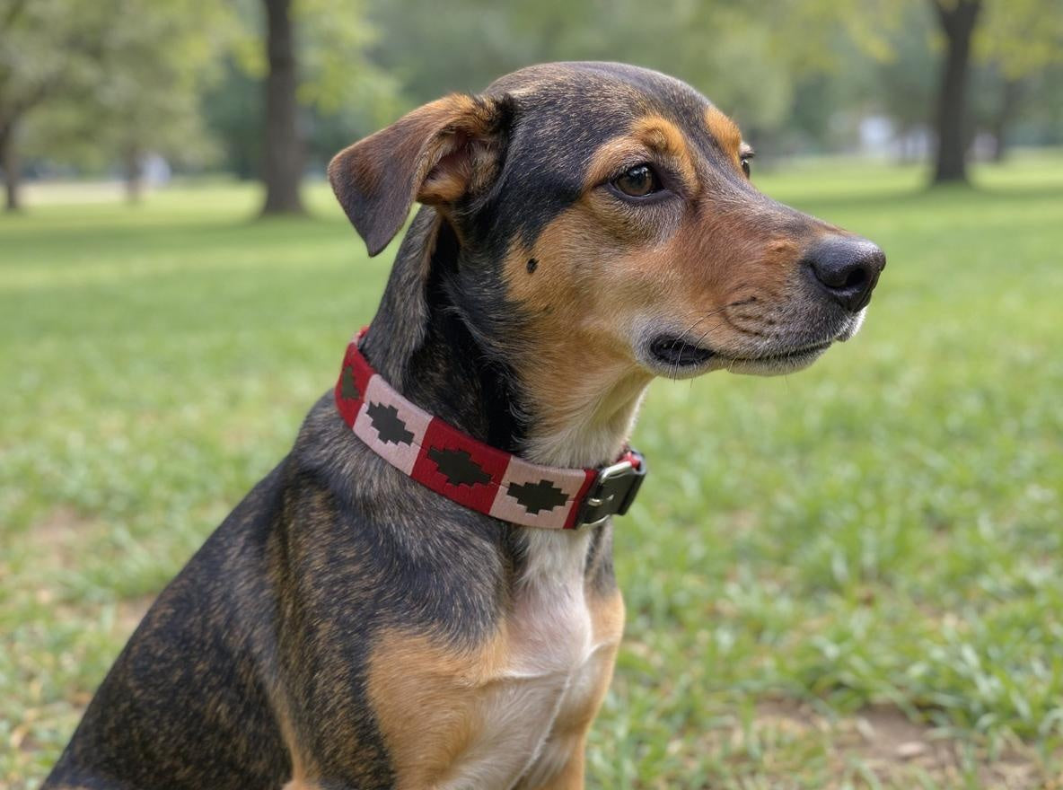 Pink & Red hand embroidered leather dog collar boho style - Sacred Pup