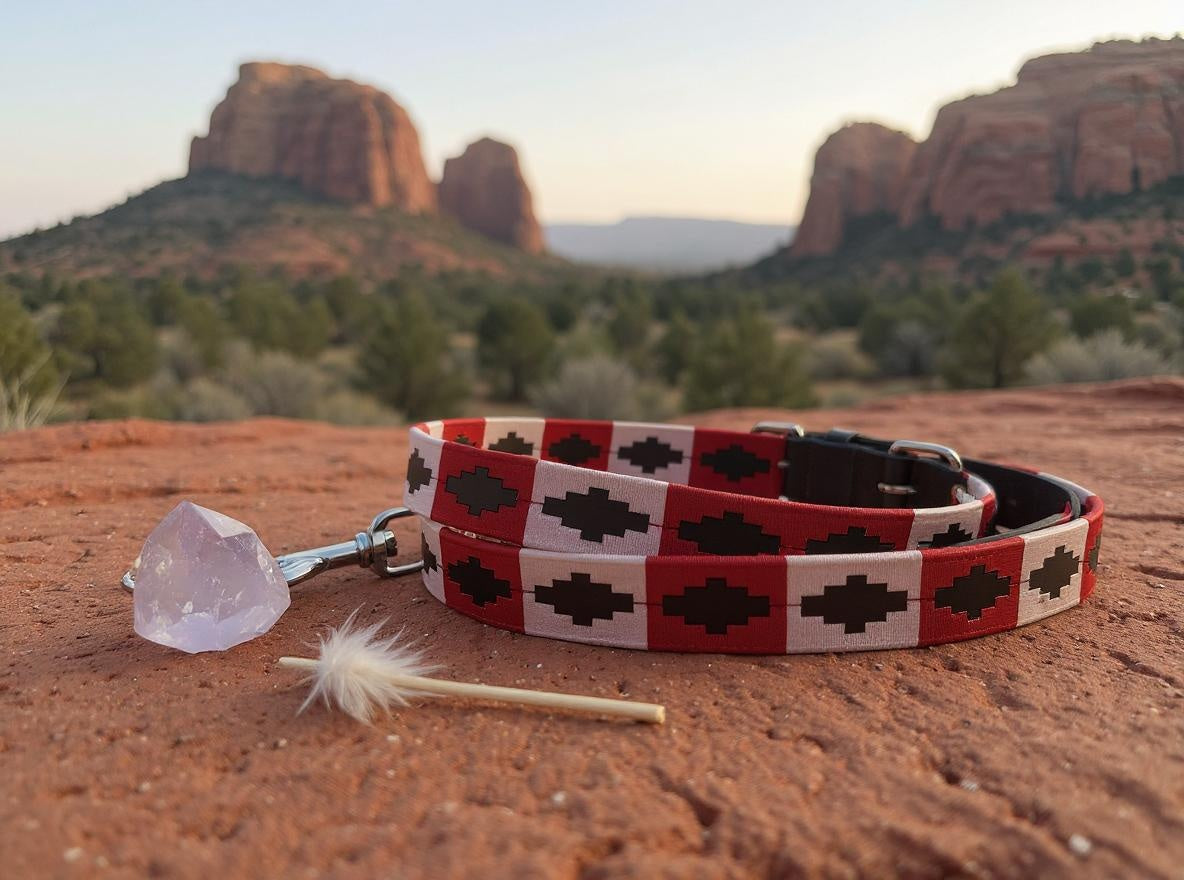 Pink & Red hand embroidered leather dog collar boho style - Sacred Pup