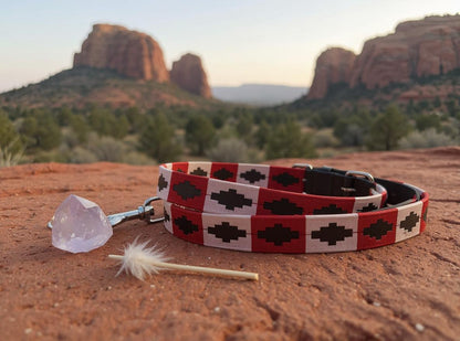 Pink & Red hand embroidered leather dog collar boho style - Sacred Pup