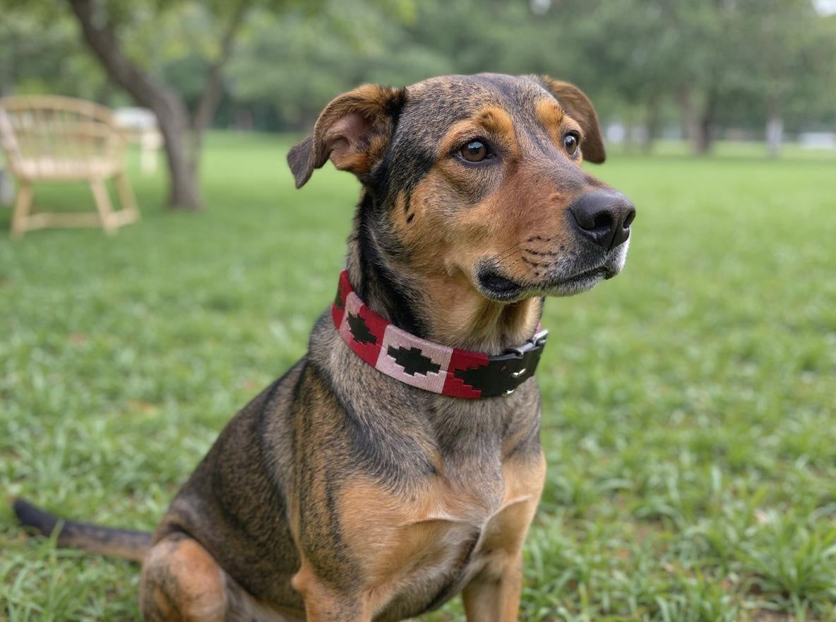 Pink & Red hand embroidered leather dog collar boho style - Sacred Pup