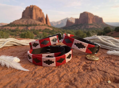 Pink & Red hand embroidered leather dog collar boho style - Sacred Pup