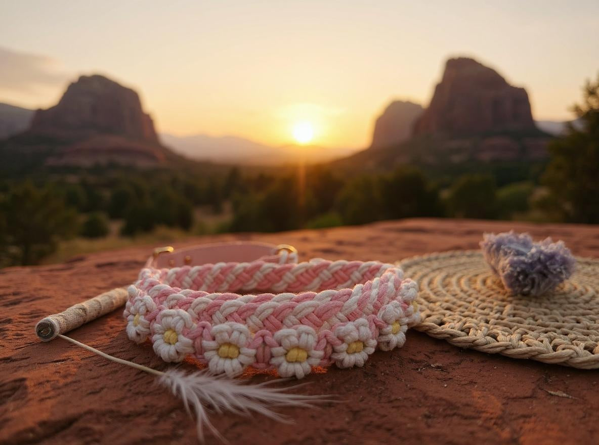Daisy Days handmade pink and yellow macrame dog collar boho style – Sacred Pup
