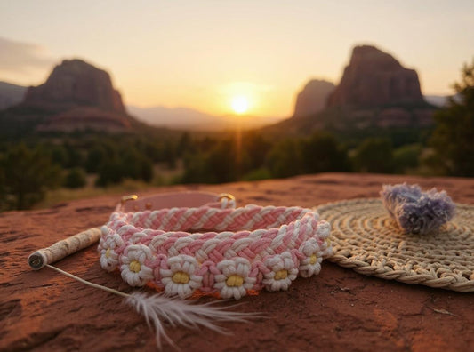 Daisy Days handmade pink and yellow macrame dog collar boho style – Sacred Pup