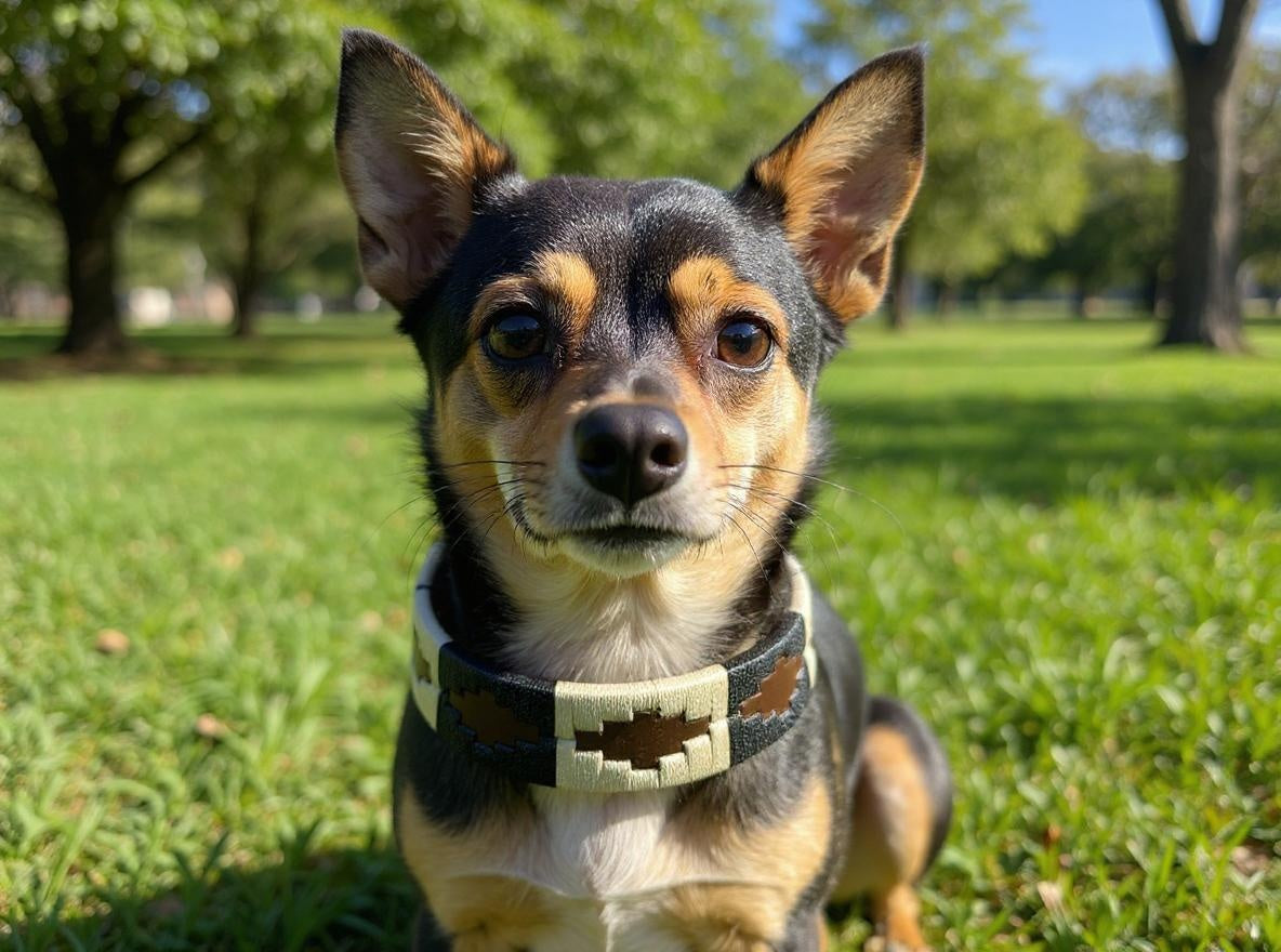 Navy & Cream hand embroidered leather dog collar boho style - Sacred Pup