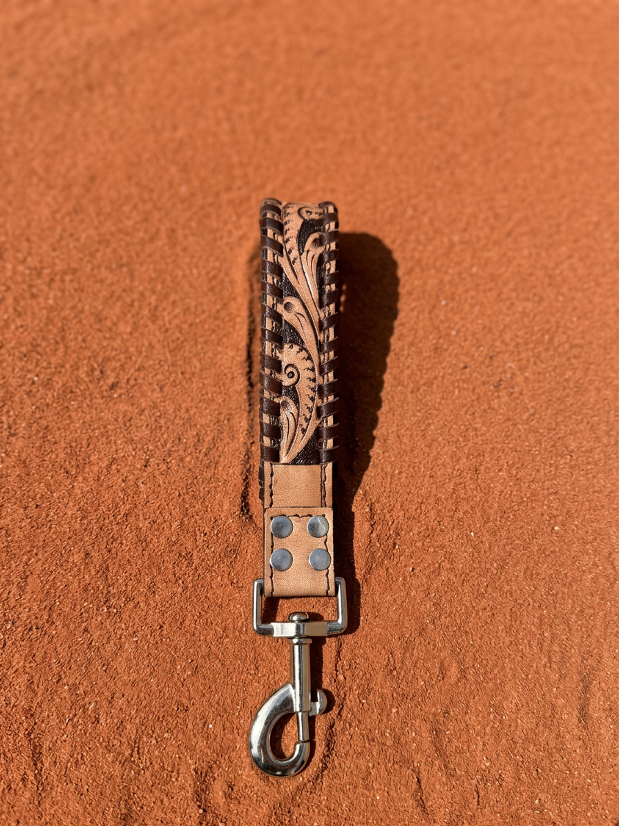 Western Scroll leather traffic lead for dogs with tooled scroll pattern, dark laced edges and silver clasp