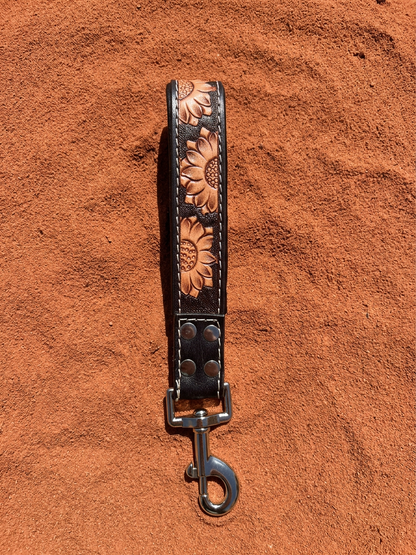 Desert Sunflower leather traffic lead for dogs with tooled tan sunflowers on dark brown leather and silver clasp