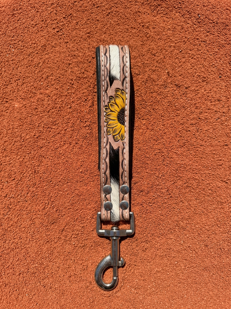 Sunflower Cowhide leather traffic lead for dogs with yellow sunflower, black and white cowhide inlay and silver clasp