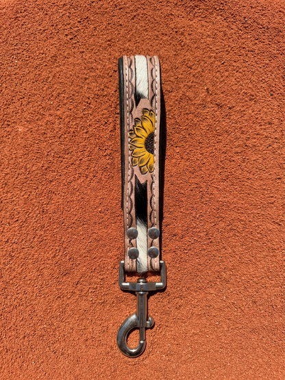 Sunflower Cowhide leather traffic lead for dogs with yellow sunflower, black and white cowhide inlay and silver clasp
